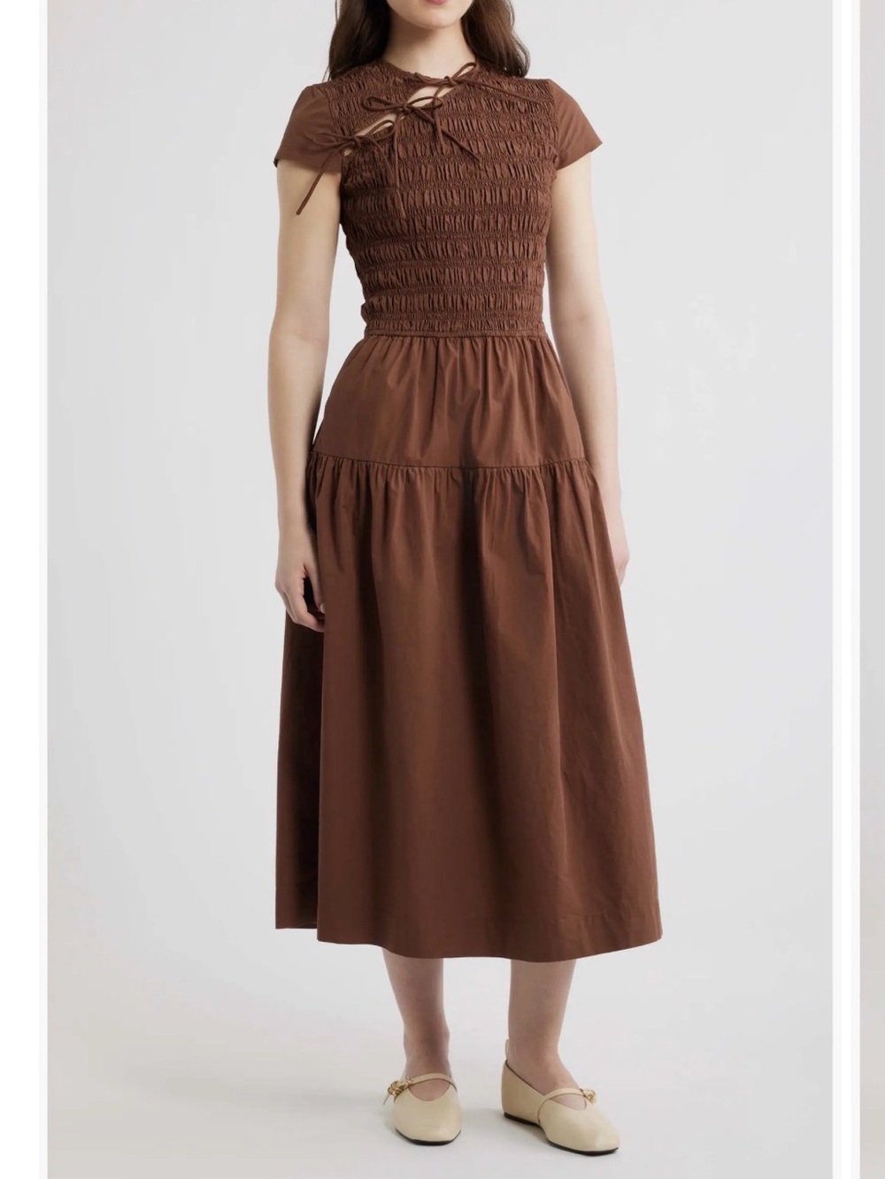 Damson Madder Smocked Midi Dress with Tie Neck NWT